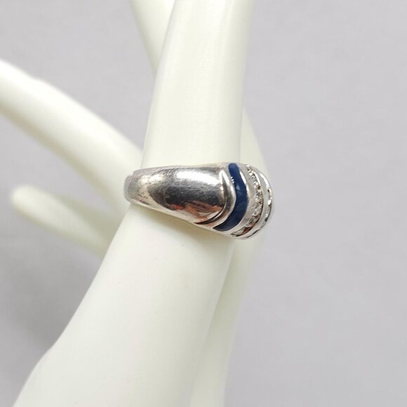 Sterling Silver Blue Enamel Clear Rhinestone Ring With Striped Design Size 6 - Picture 2 of 8